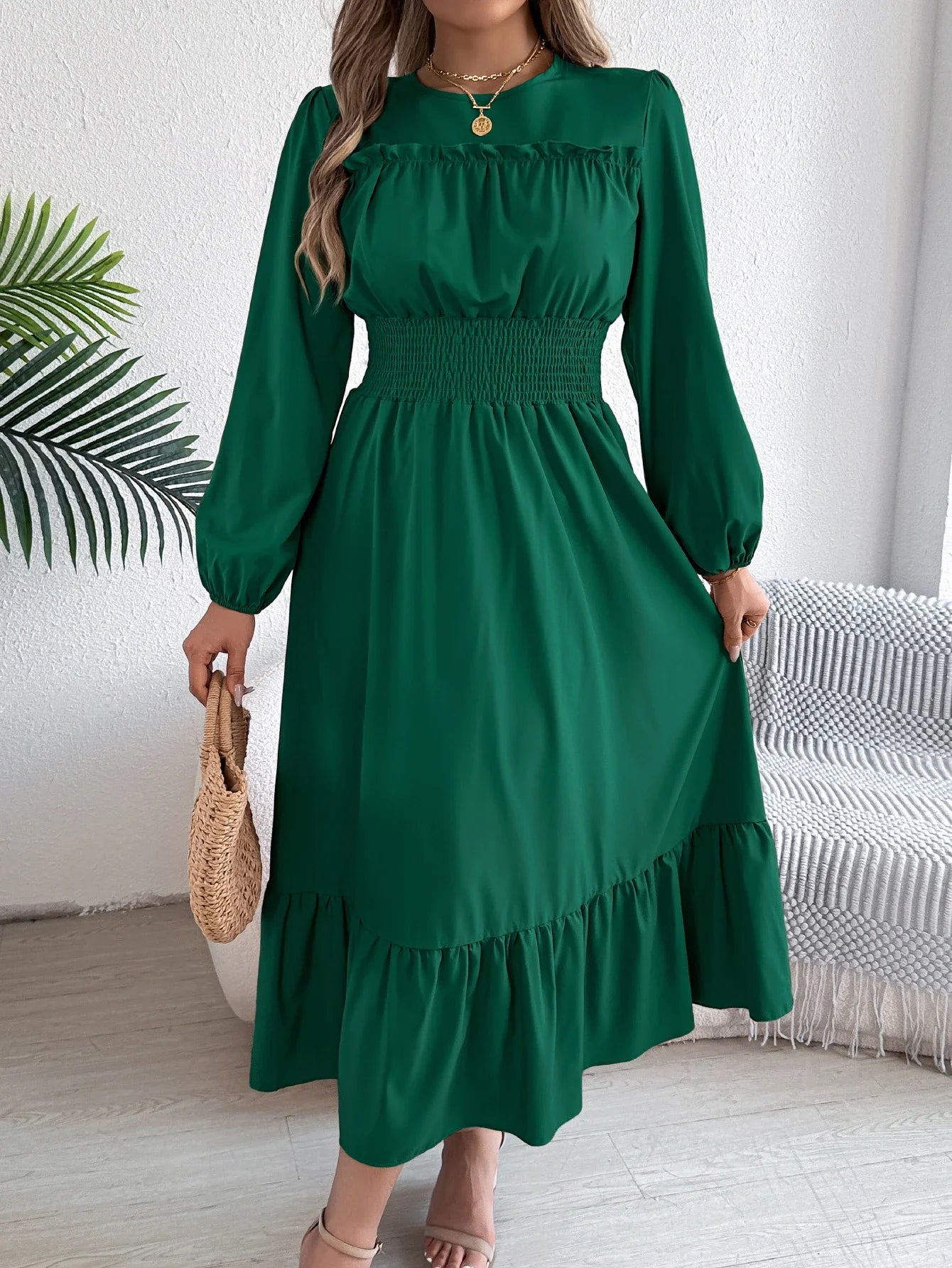 Elegant Autumn and Winter Long Sleeve Dress with Solid Color Round Neck and Waist Cinched Lotus Leaf Edge Design for Women