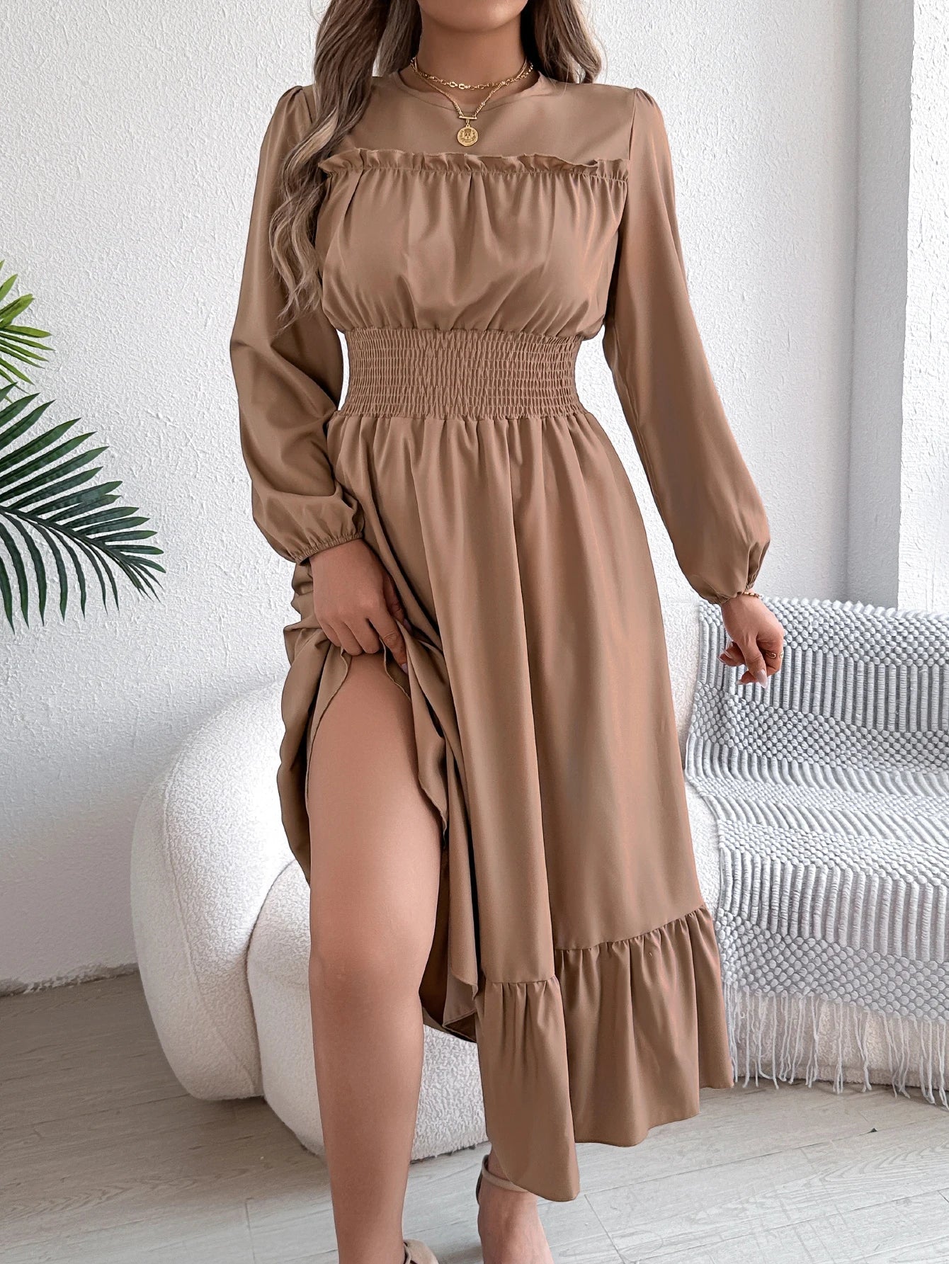 Elegant Autumn and Winter Long Sleeve Dress with Solid Color Round Neck and Waist Cinched Lotus Leaf Edge Design for Women