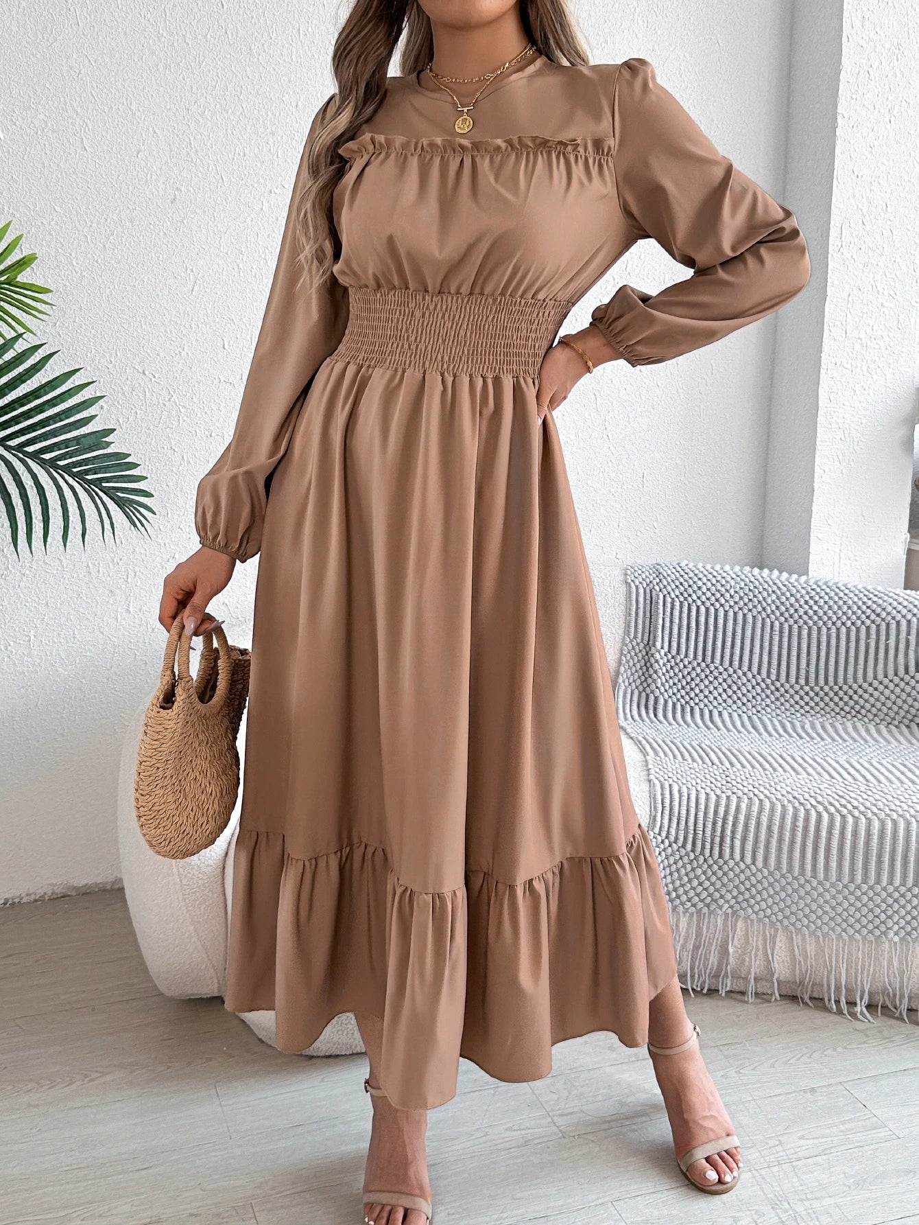 Elegant Autumn and Winter Long Sleeve Dress with Solid Color Round Neck and Waist Cinched Lotus Leaf Edge Design for Women