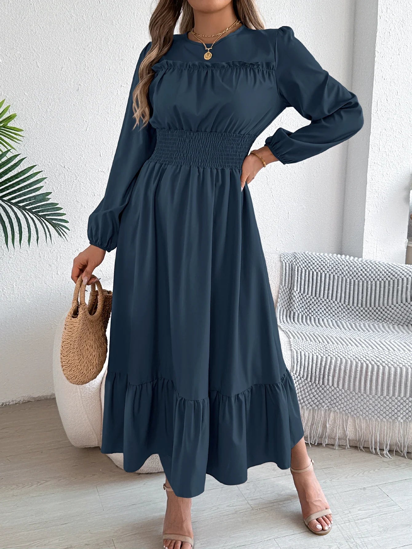 Elegant Autumn and Winter Long Sleeve Dress with Solid Color Round Neck and Waist Cinched Lotus Leaf Edge Design for Women