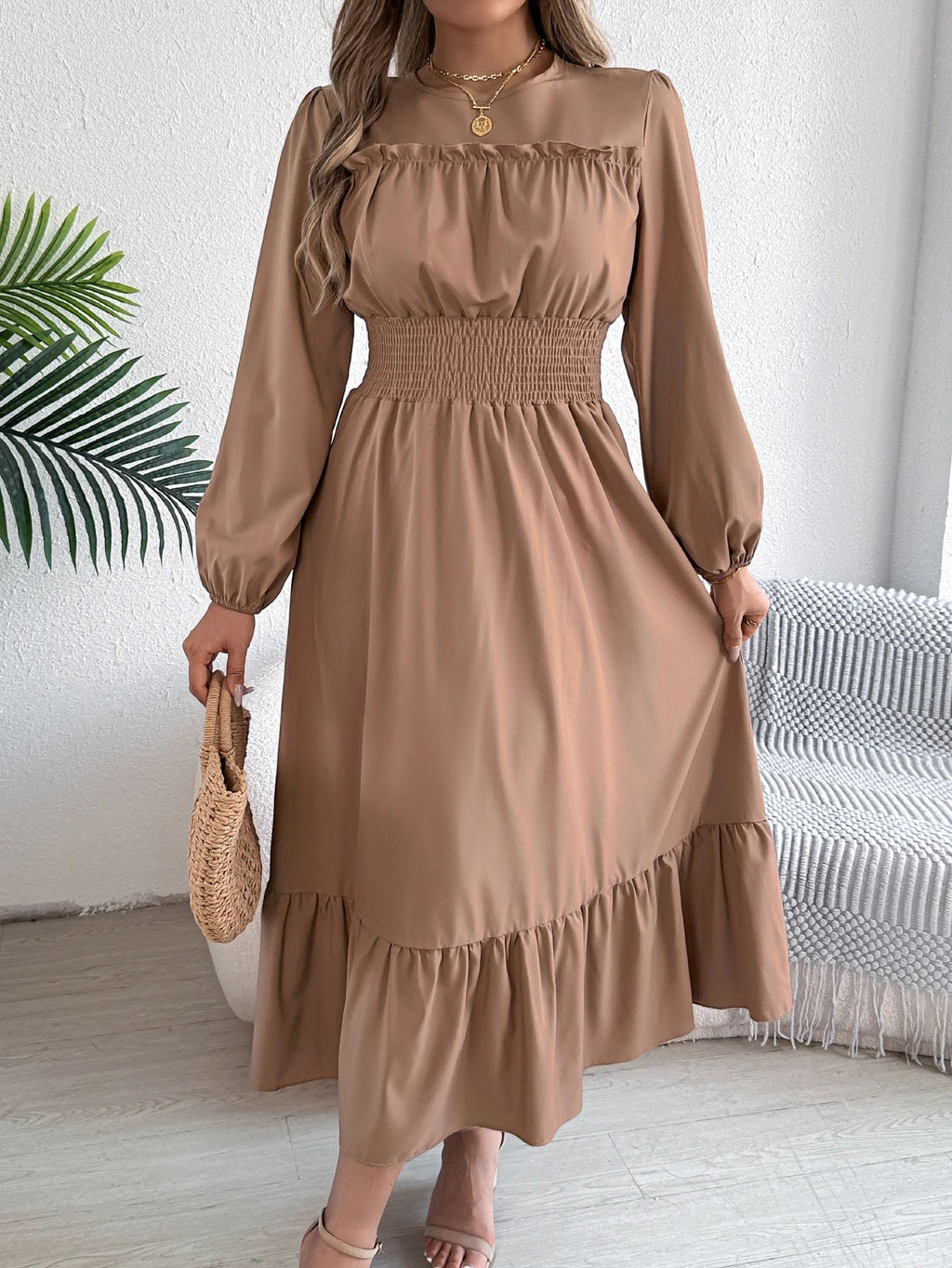 Elegant Autumn and Winter Long Sleeve Dress with Solid Color Round Neck and Waist Cinched Lotus Leaf Edge Design for Women