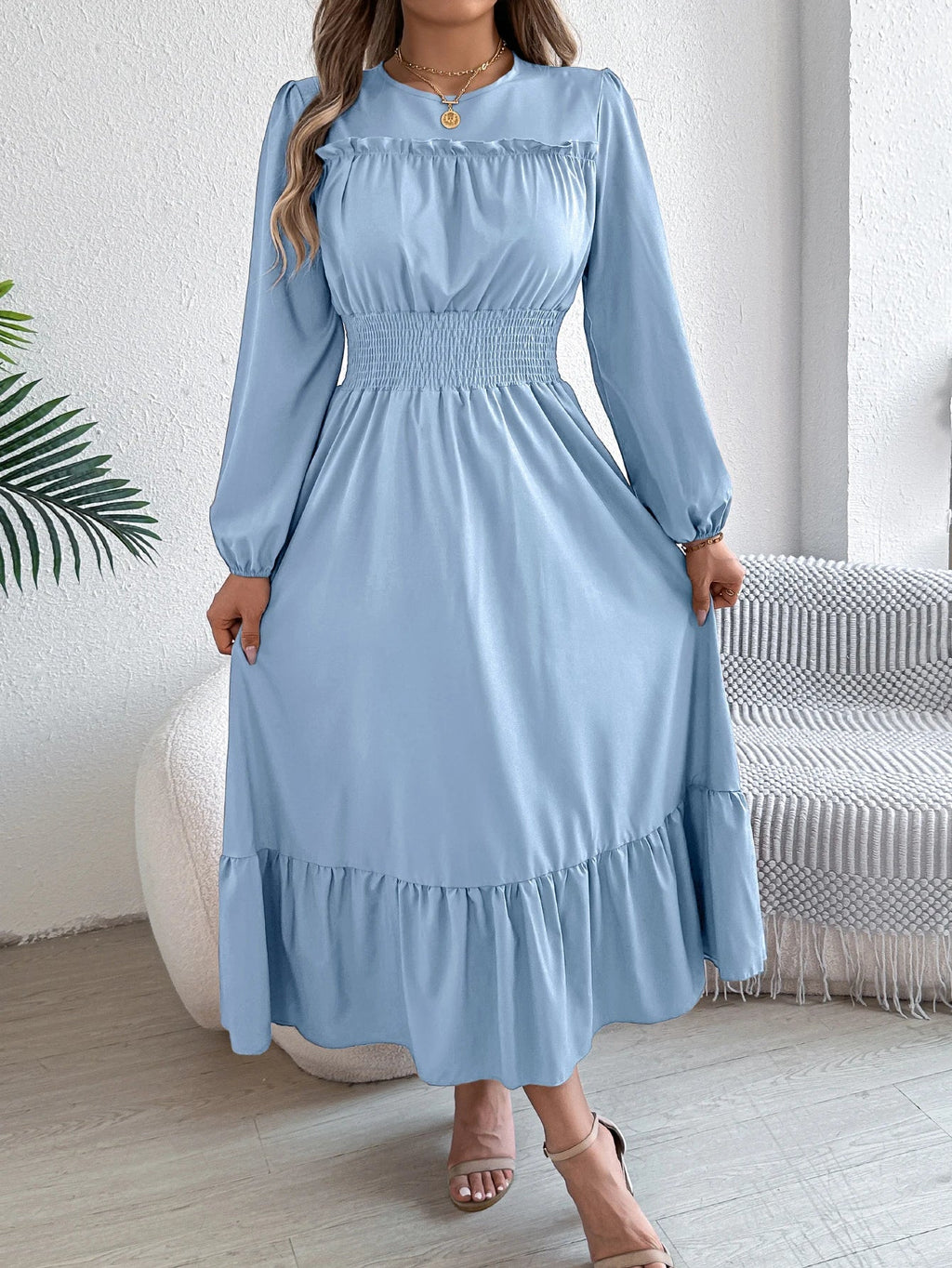 Elegant Autumn and Winter Long Sleeve Dress with Solid Color Round Neck and Waist Cinched Lotus Leaf Edge Design for Women