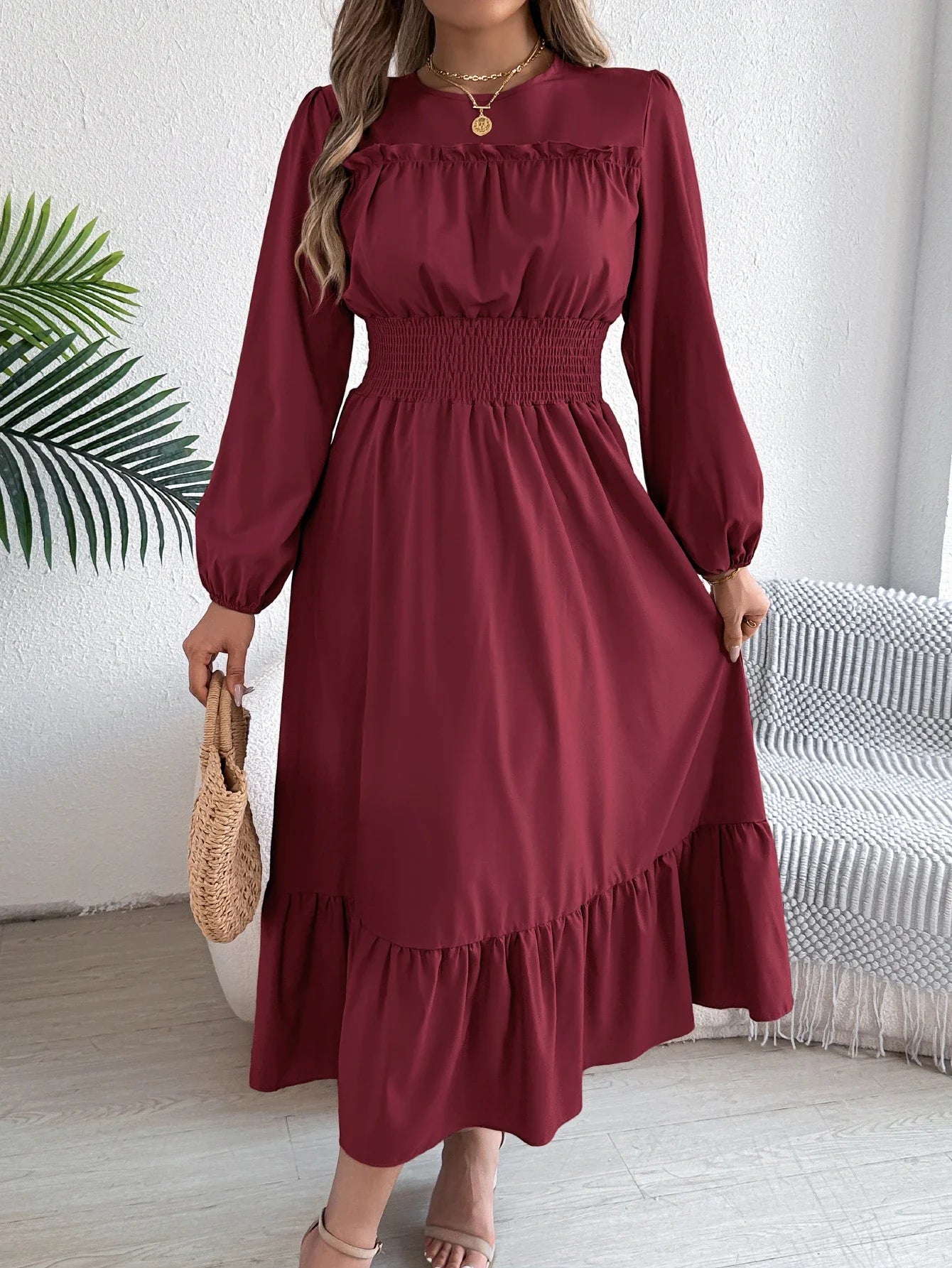 Elegant Autumn and Winter Long Sleeve Dress with Solid Color Round Neck and Waist Cinched Lotus Leaf Edge Design for Women