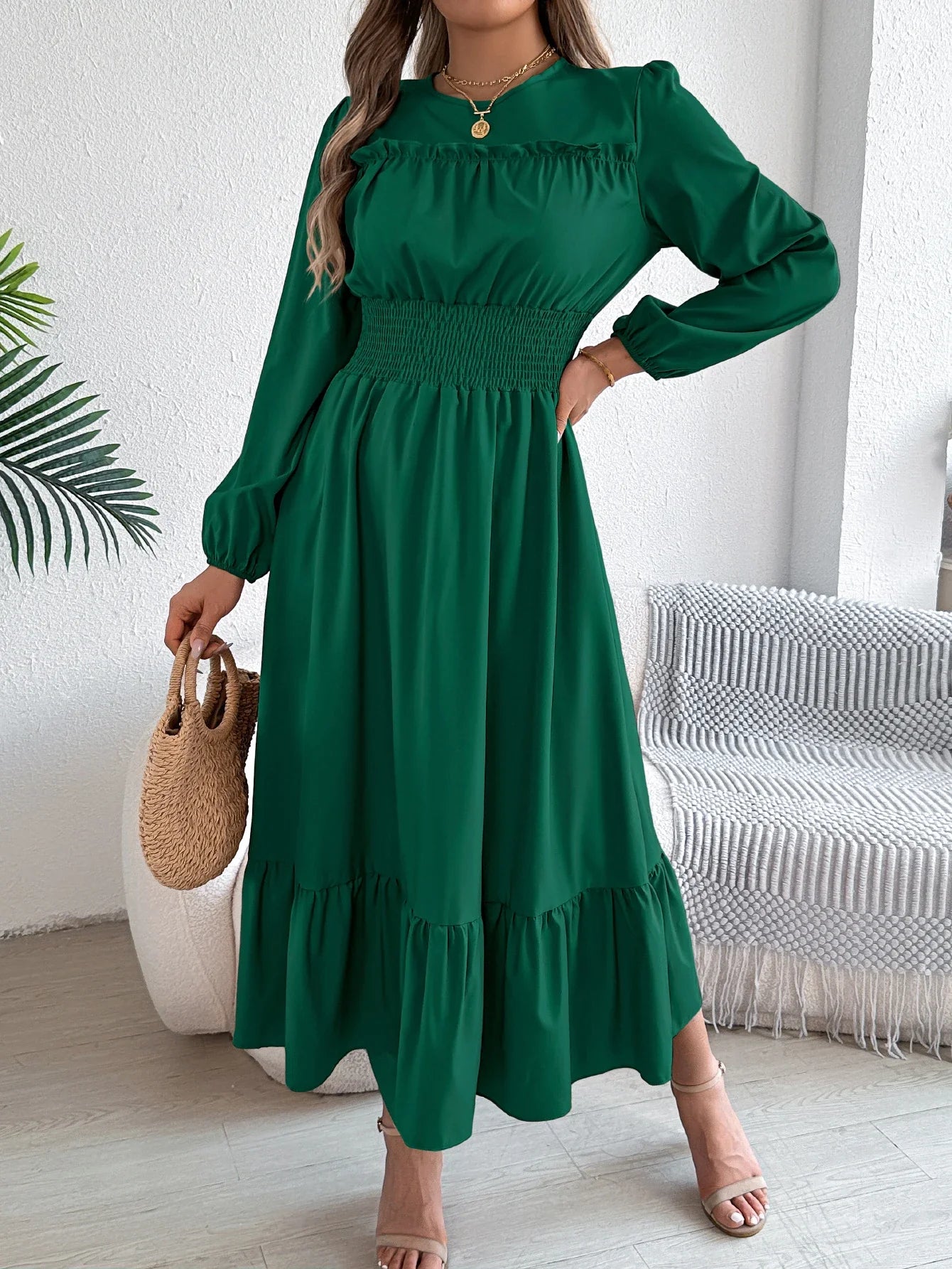 Elegant Autumn and Winter Long Sleeve Dress with Solid Color Round Neck and Waist Cinched Lotus Leaf Edge Design for Women