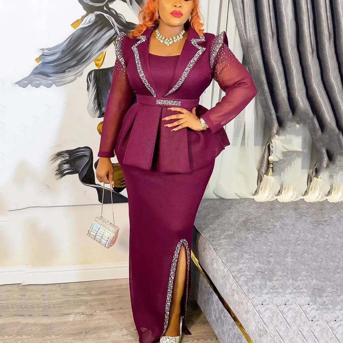 Elegant African Dress for Women with Square Neck Diamond Embellishments Full Sleeve Belted Waist Side Split Floor Length Evening Gown