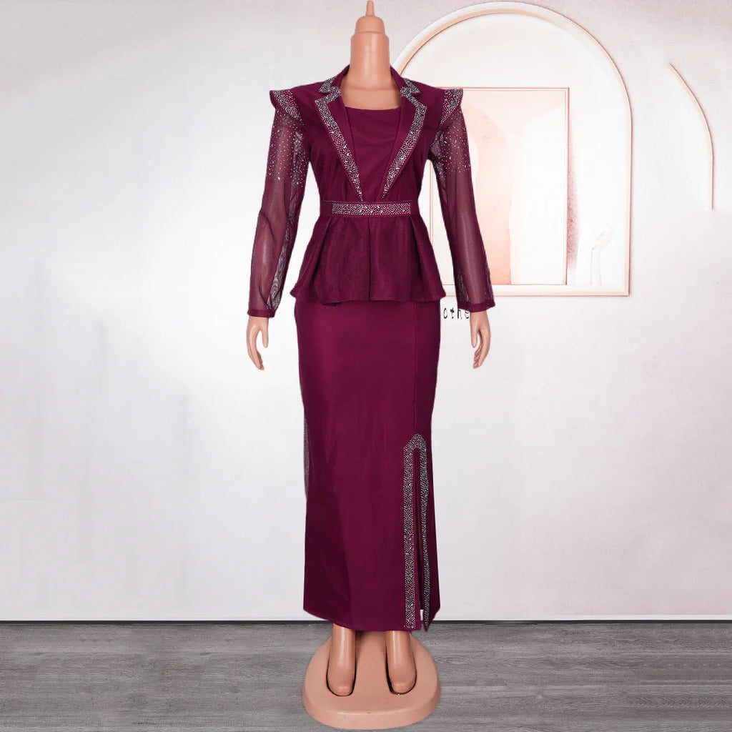 Elegant African Dress for Women with Square Neck Diamond Embellishments Full Sleeve Belted Waist Side Split Floor Length Evening Gown