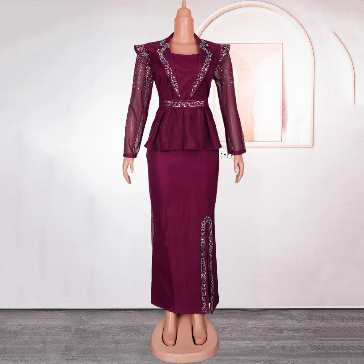 Elegant African Dress for Women with Square Neck Diamond Embellishments Full Sleeve Belted Waist Side Split Floor Length Evening Gown