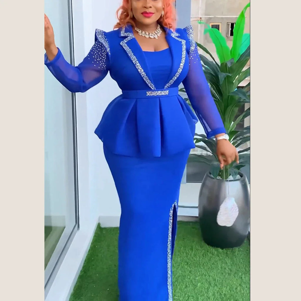 Elegant African Dress for Women with Square Neck Diamond Embellishments Full Sleeve Belted Waist Side Split Floor Length Evening Gown