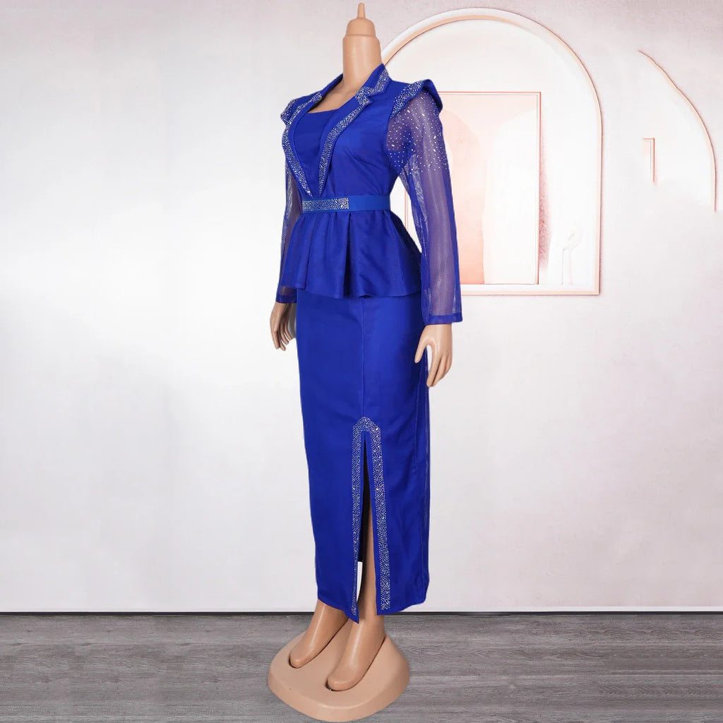 Elegant African Dress for Women with Square Neck Diamond Embellishments Full Sleeve Belted Waist Side Split Floor Length Evening Gown