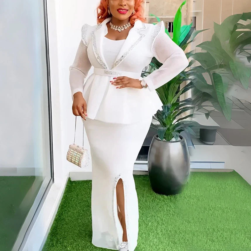 Elegant African Dress for Women with Square Neck Diamond Embellishments Full Sleeve Belted Waist Side Split Floor Length Evening Gown