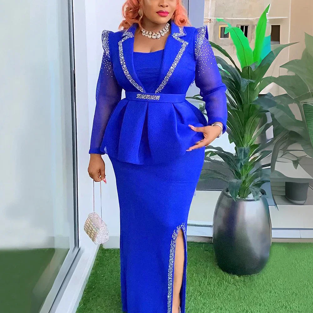 Elegant African Dress for Women with Square Neck Diamond Embellishments Full Sleeve Belted Waist Side Split Floor Length Evening Gown