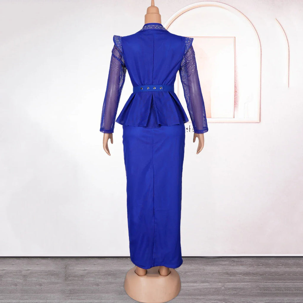 Elegant African Dress for Women with Square Neck Diamond Embellishments Full Sleeve Belted Waist Side Split Floor Length Evening Gown