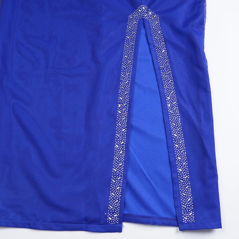 Elegant African Dress for Women with Square Neck Diamond Embellishments Full Sleeve Belted Waist Side Split Floor Length Evening Gown