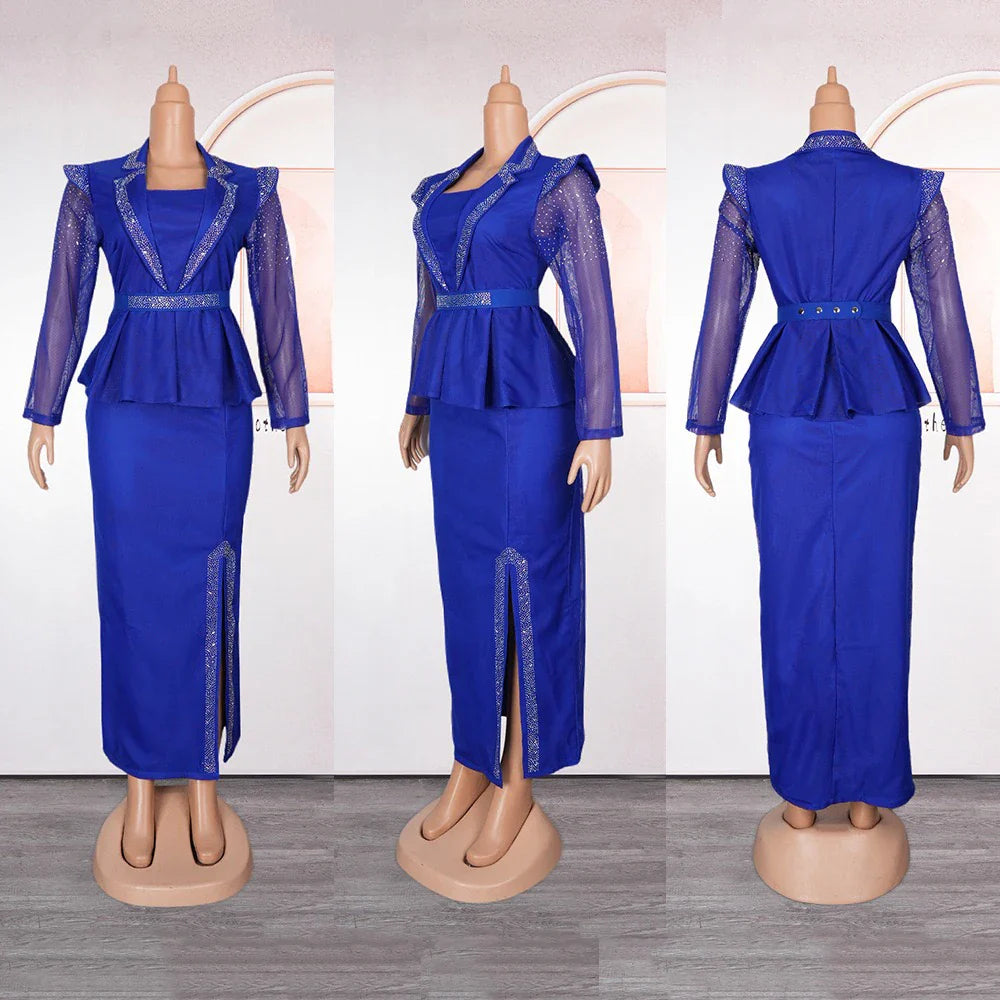 Elegant African Dress for Women with Square Neck Diamond Embellishments Full Sleeve Belted Waist Side Split Floor Length Evening Gown