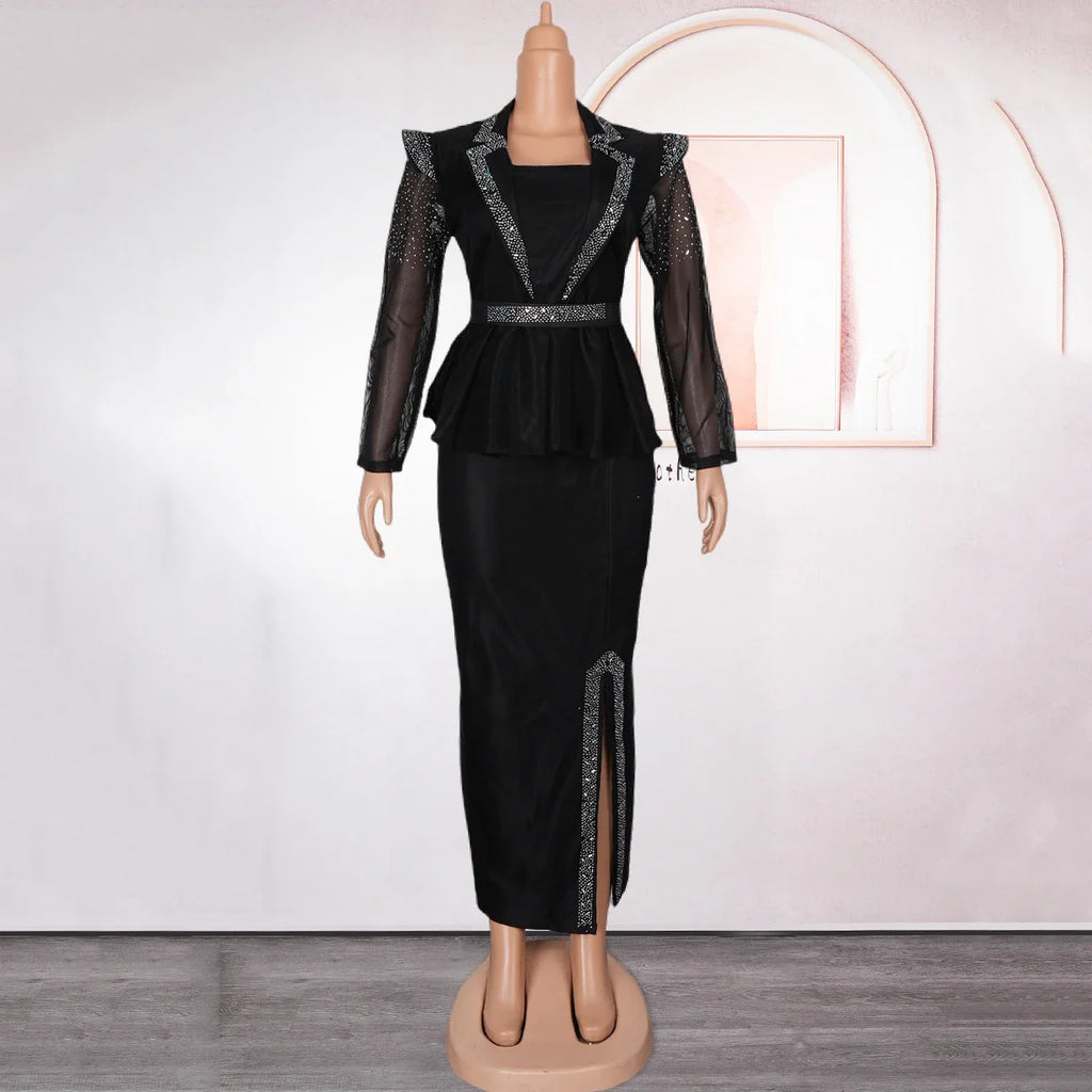 Elegant African Dress for Women with Square Neck Diamond Embellishments Full Sleeve Belted Waist Side Split Floor Length Evening Gown