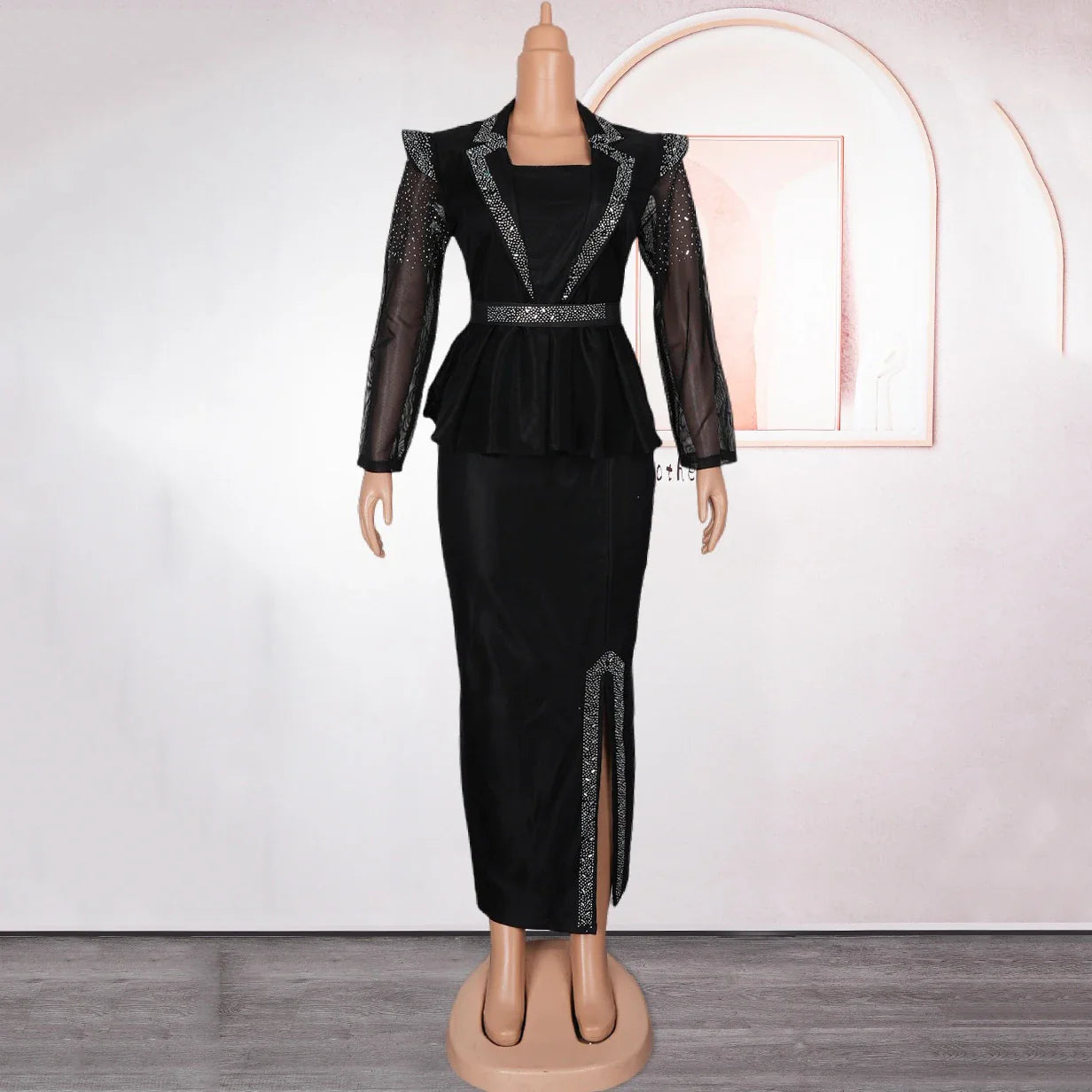 Elegant African Dress for Women with Square Neck Diamond Embellishments Full Sleeve Belted Waist Side Split Floor Length Evening Gown