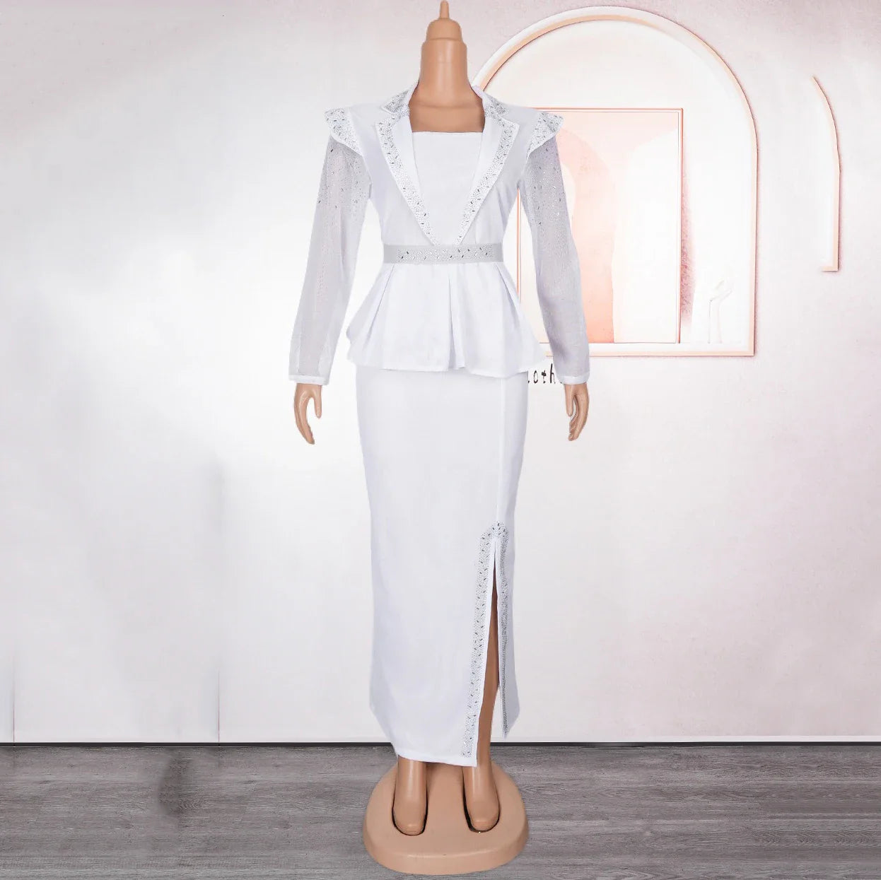 Elegant African Dress for Women with Square Neck Diamond Embellishments Full Sleeve Belted Waist Side Split Floor Length Evening Gown