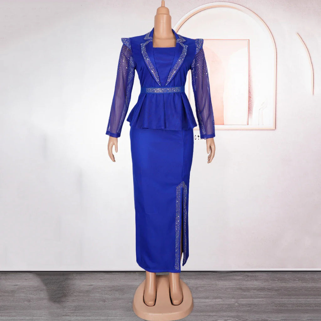 Elegant African Dress for Women with Square Neck Diamond Embellishments Full Sleeve Belted Waist Side Split Floor Length Evening Gown