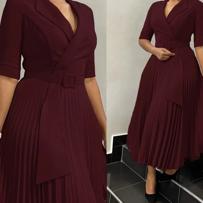 Elegant Pleated Office Dress for Women Notched Collar Half Sleeve Belted Mid Calf Professional African Business Robe