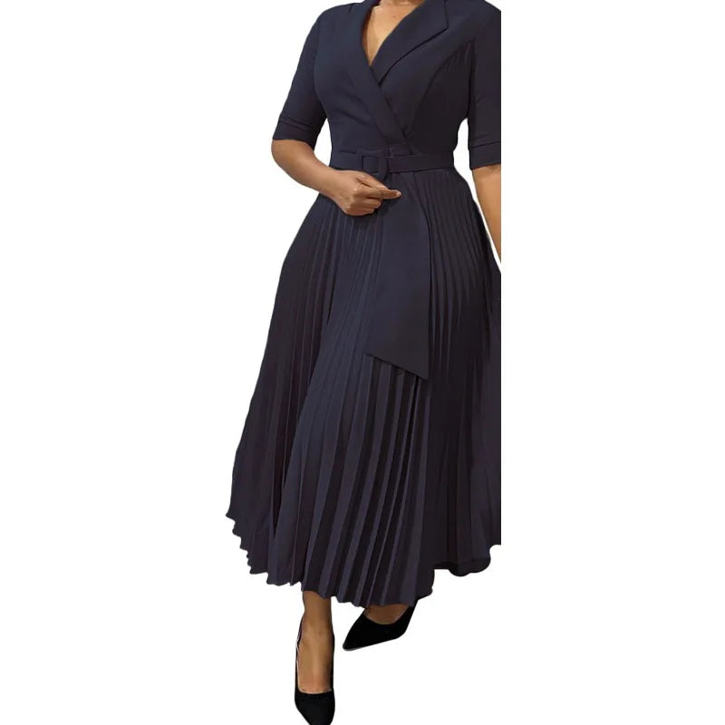 Elegant Pleated Office Dress for Women Notched Collar Half Sleeve Belted Mid Calf Professional African Business Robe
