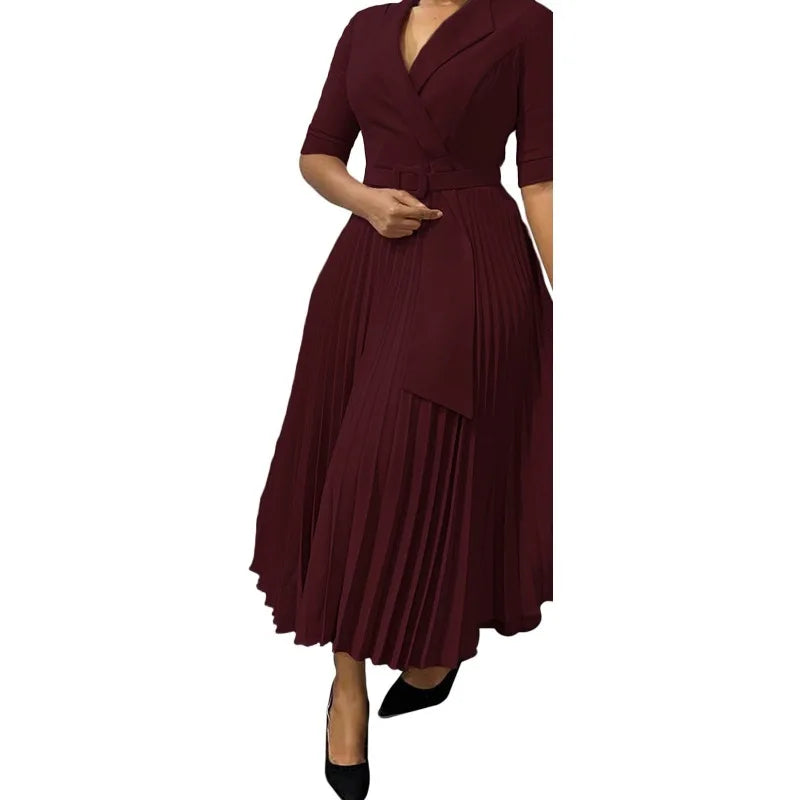 Elegant Pleated Office Dress for Women Notched Collar Half Sleeve Belted Mid Calf Professional African Business Robe