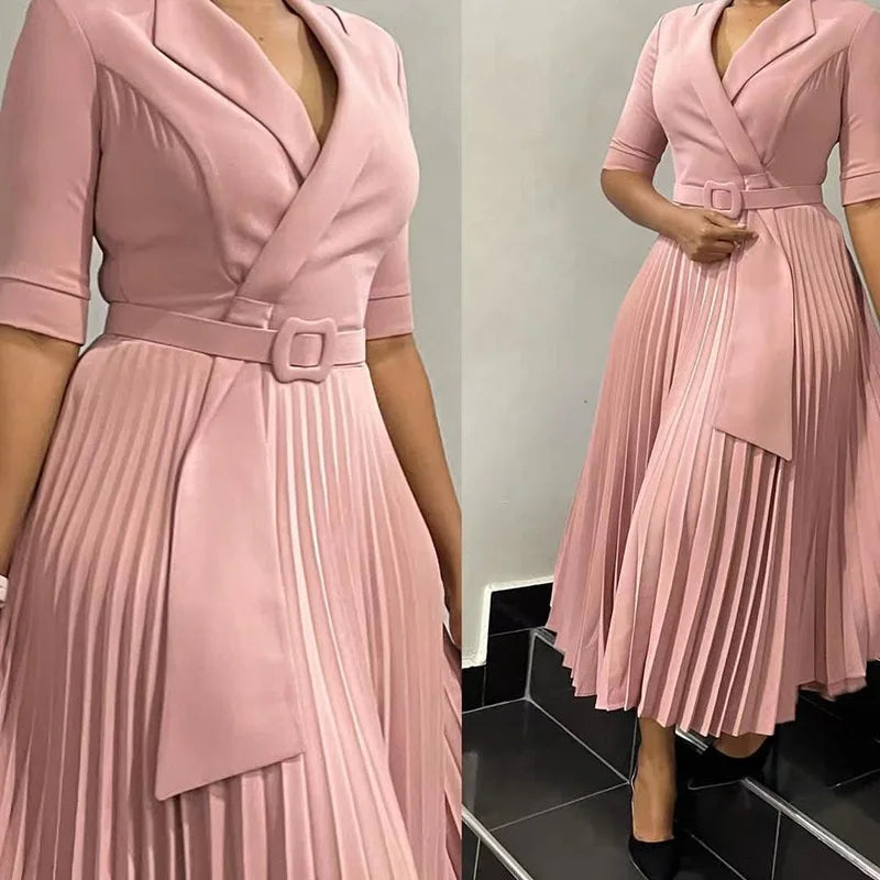 Elegant Pleated Office Dress for Women Notched Collar Half Sleeve Belted Mid Calf Professional African Business Robe