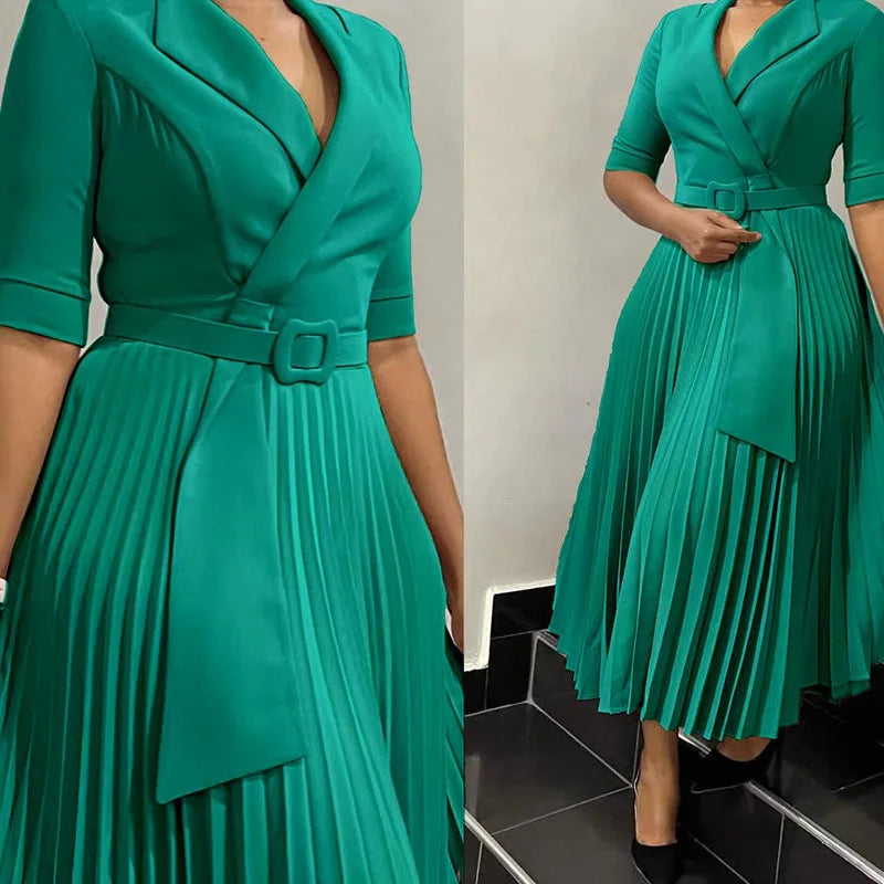 Elegant Pleated Office Dress for Women Notched Collar Half Sleeve Belted Mid Calf Professional African Business Robe