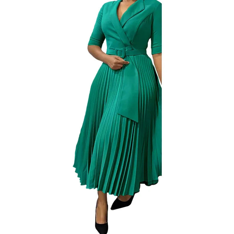 Elegant Pleated Office Dress for Women Notched Collar Half Sleeve Belted Mid Calf Professional African Business Robe