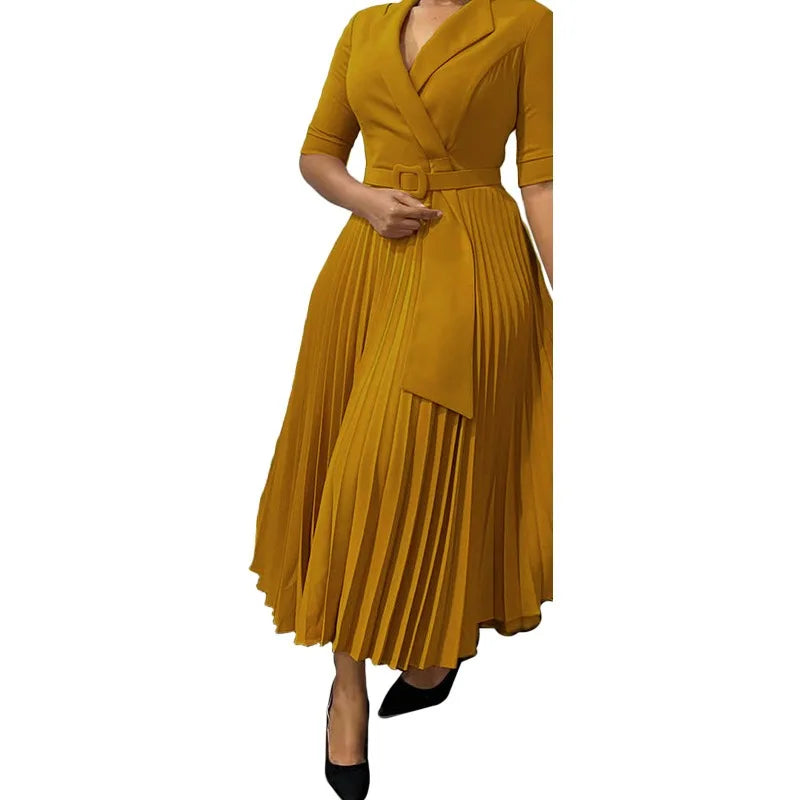 Elegant Pleated Office Dress for Women Notched Collar Half Sleeve Belted Mid Calf Professional African Business Robe