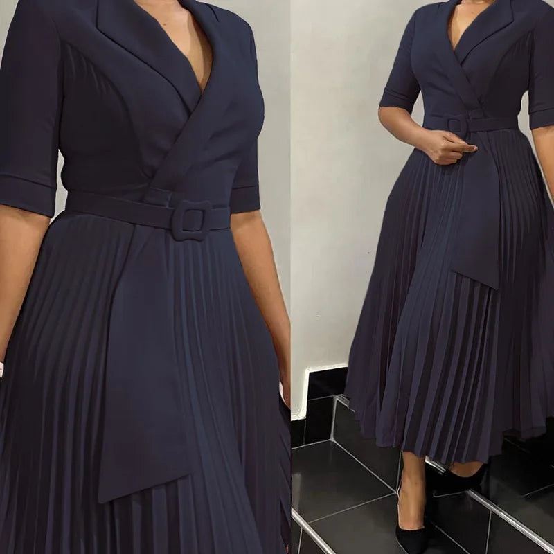 Elegant Pleated Office Dress for Women Notched Collar Half Sleeve Belted Mid Calf Professional African Business Robe
