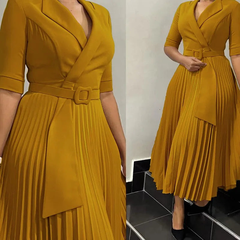 Elegant Pleated Office Dress for Women Notched Collar Half Sleeve Belted Mid Calf Professional African Business Robe