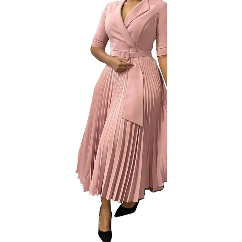 Elegant Pleated Office Dress for Women Notched Collar Half Sleeve Belted Mid Calf Professional African Business Robe