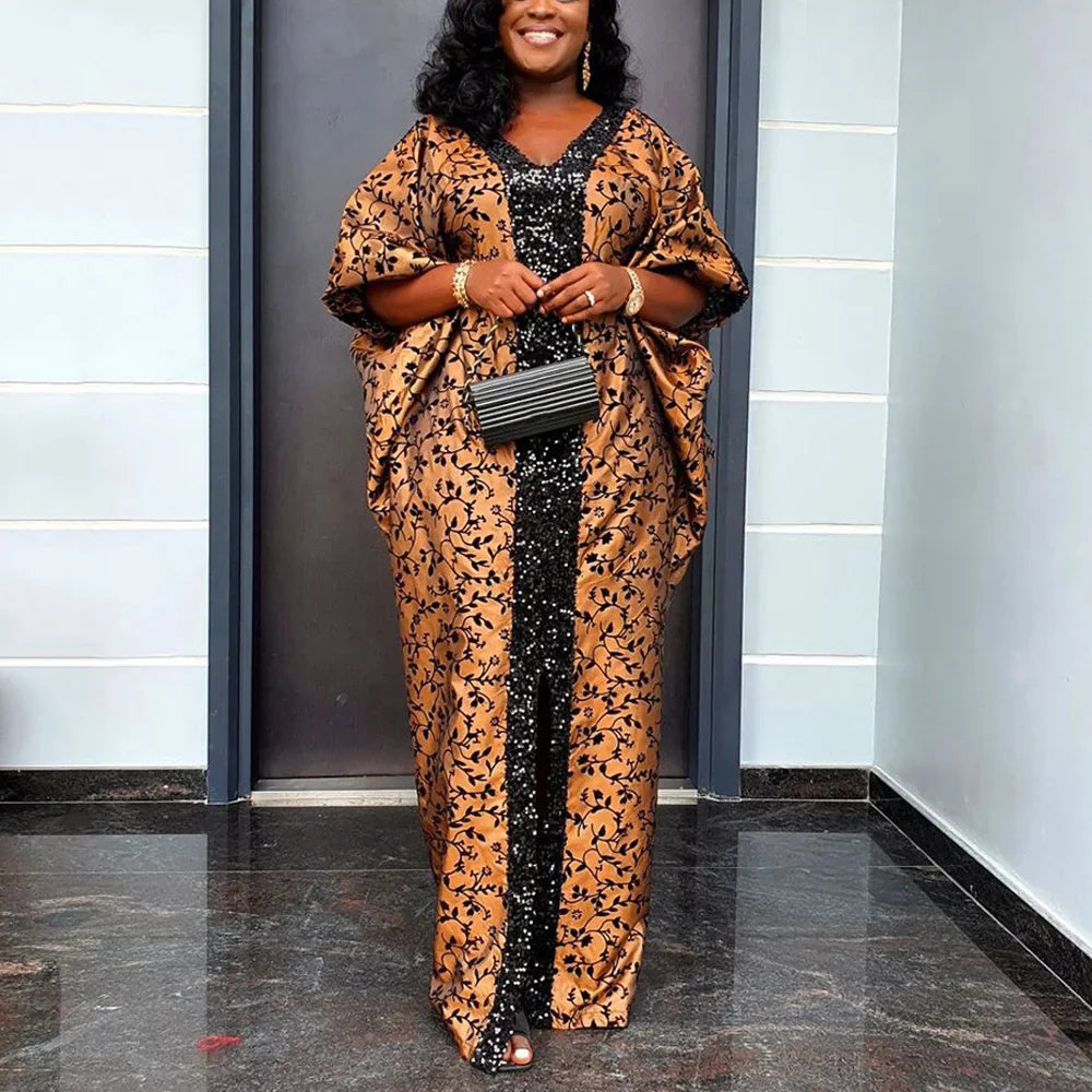 Elegant Muslim Party Dress Women Long V Neck Batwing Sleeve Sequined Loose Evening Gown for Birthdays and Special Occasions