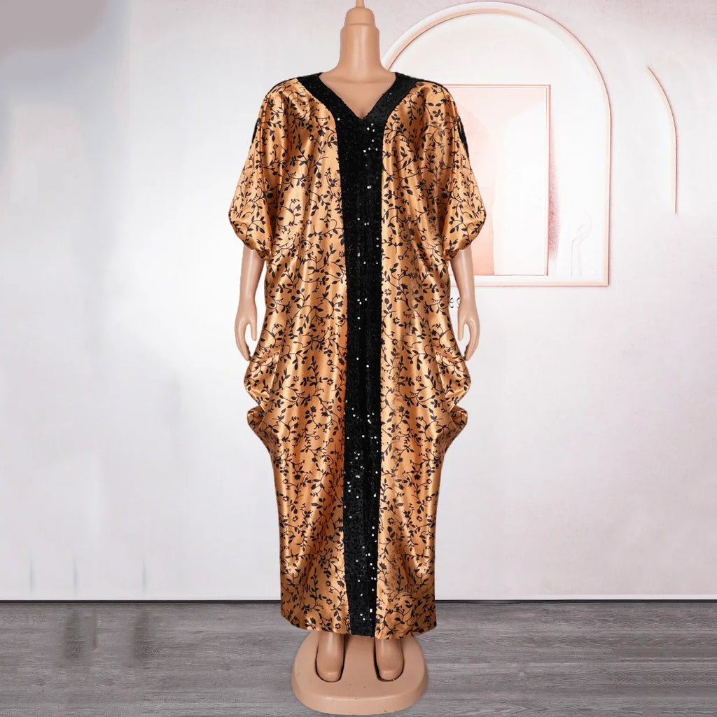 Elegant Muslim Party Dress Women Long V Neck Batwing Sleeve Sequined Loose Evening Gown for Birthdays and Special Occasions