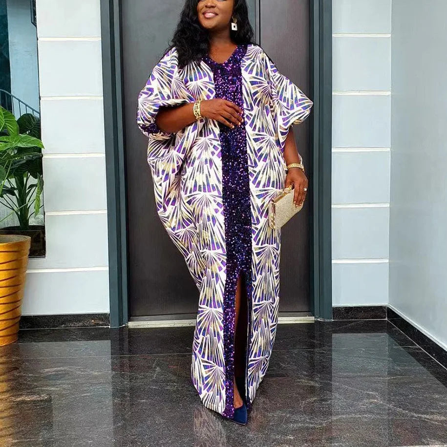 Elegant Muslim Party Dress Women Long V Neck Batwing Sleeve Sequined Loose Evening Gown for Birthdays and Special Occasions