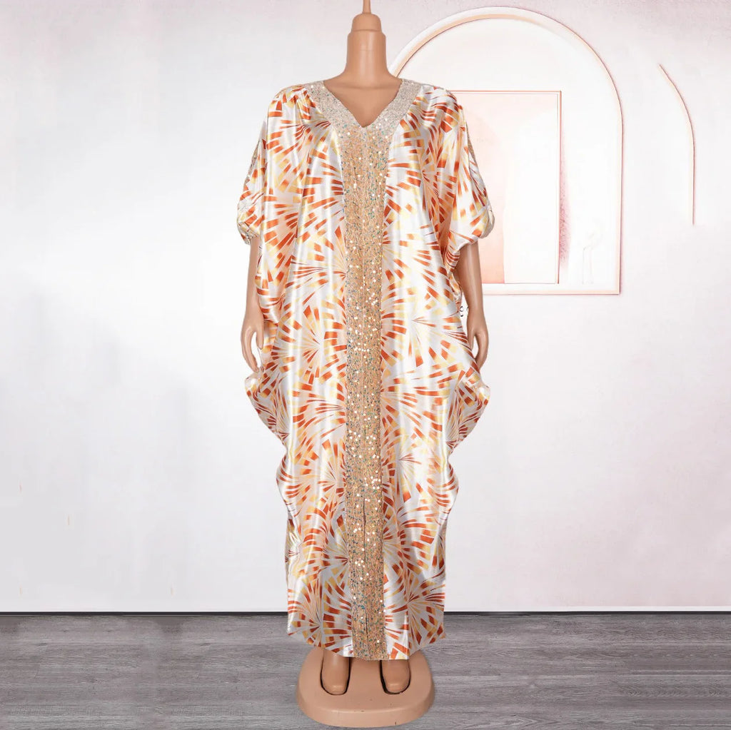 Elegant Muslim Party Dress Women Long V Neck Batwing Sleeve Sequined Loose Evening Gown for Birthdays and Special Occasions