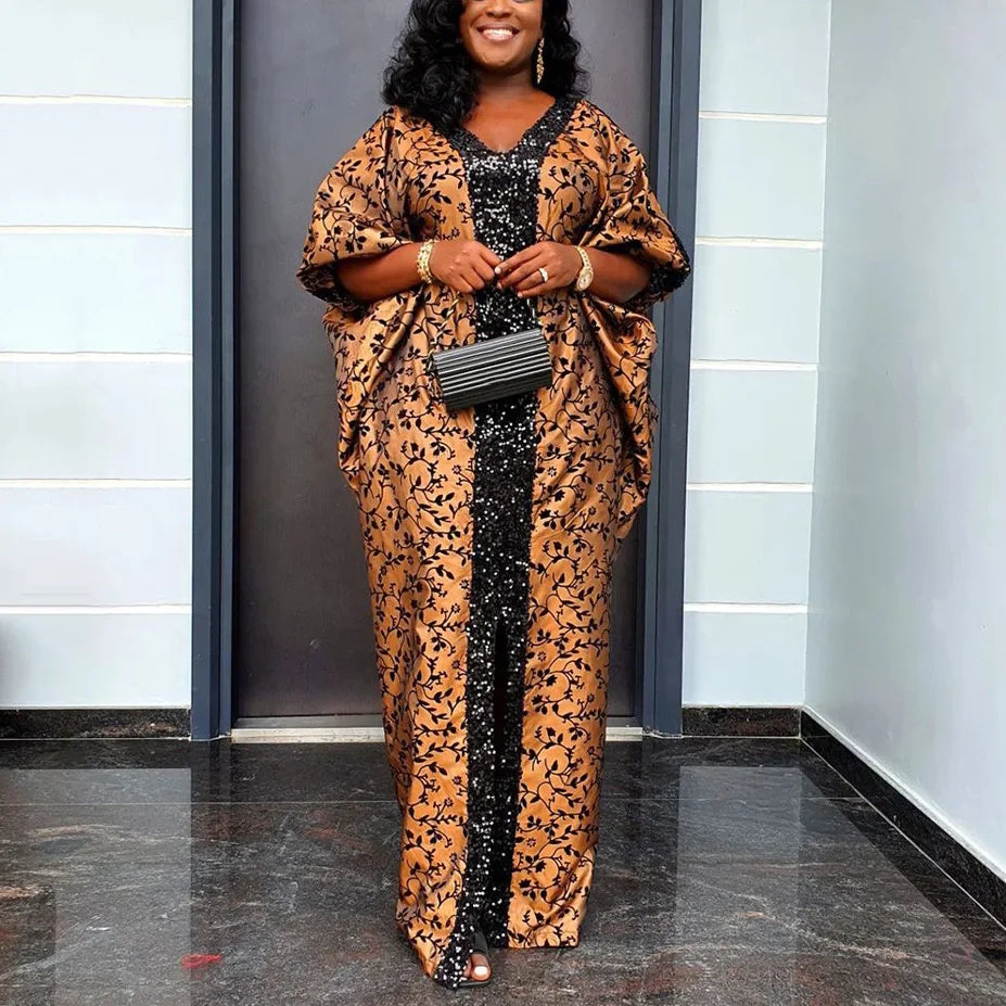 Elegant Muslim Party Dress Women Long V Neck Batwing Sleeve Sequined Loose Evening Gown for Birthdays and Special Occasions