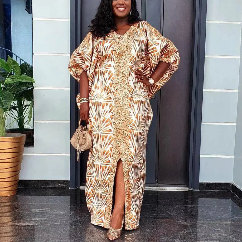 Elegant Muslim Party Dress Women Long V Neck Batwing Sleeve Sequined Loose Evening Gown for Birthdays and Special Occasions