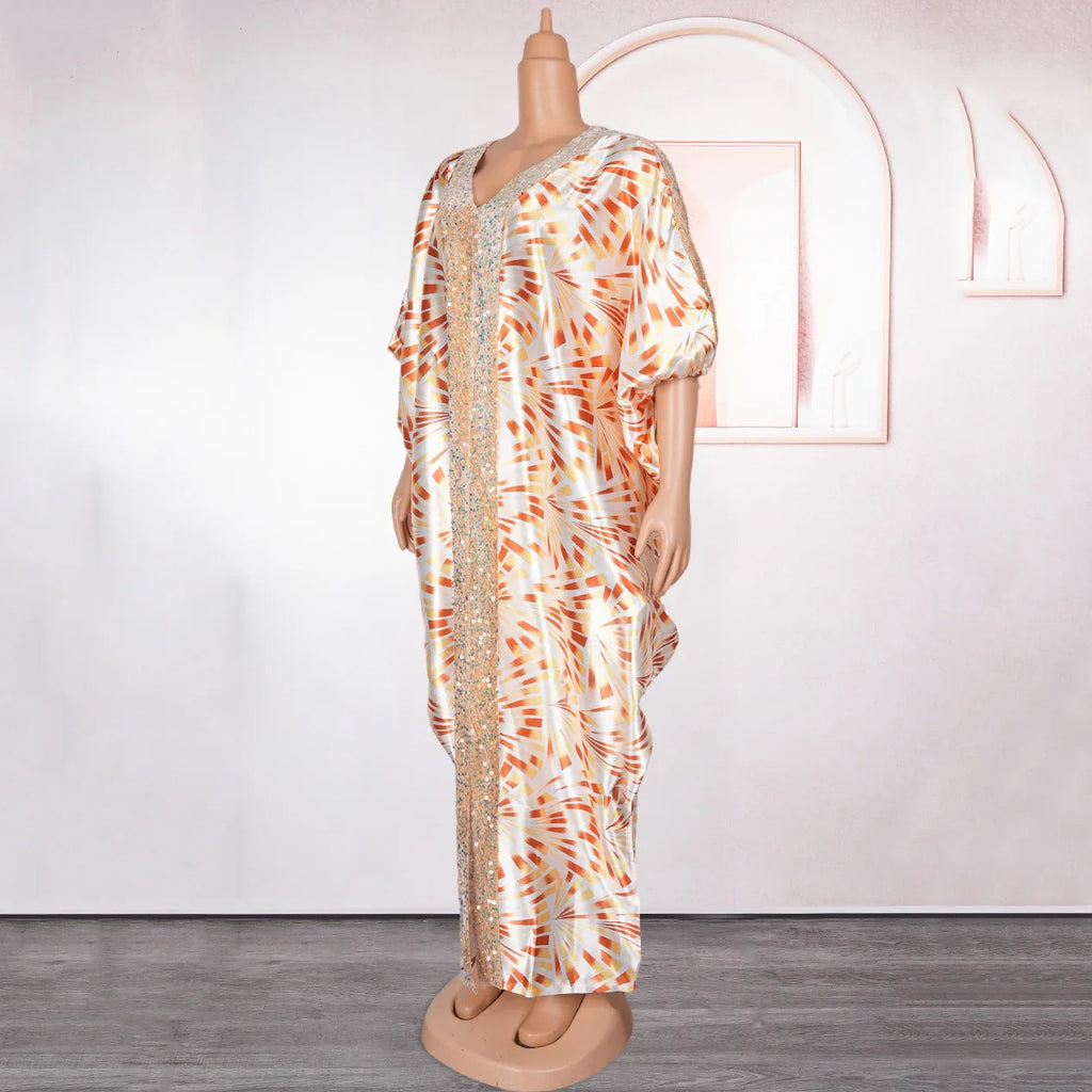 Elegant Muslim Party Dress Women Long V Neck Batwing Sleeve Sequined Loose Evening Gown for Birthdays and Special Occasions