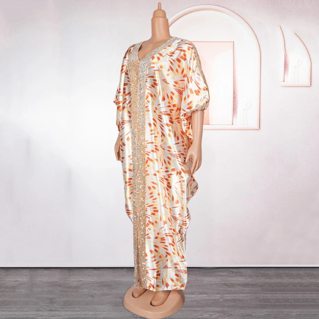 Elegant Muslim Party Dress Women Long V Neck Batwing Sleeve Sequined Loose Evening Gown for Birthdays and Special Occasions