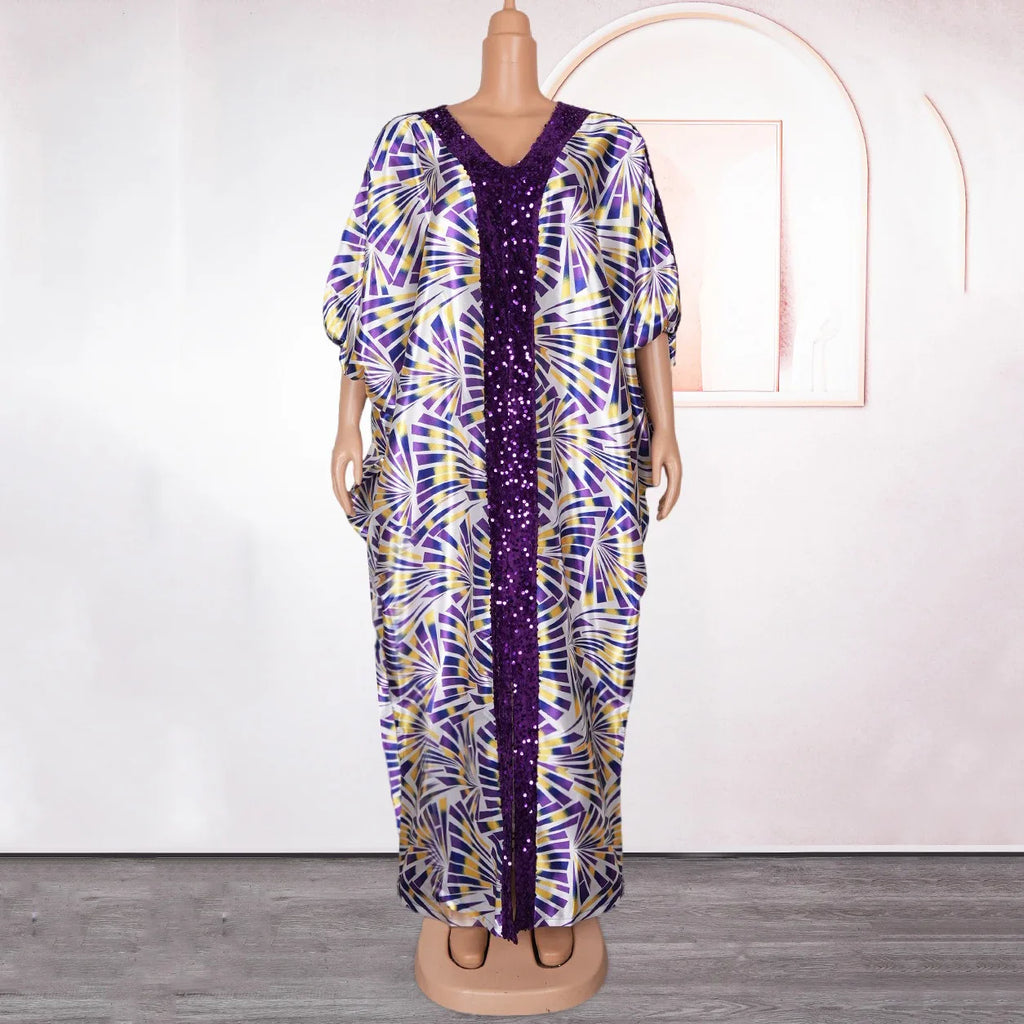 Elegant Muslim Party Dress Women Long V Neck Batwing Sleeve Sequined Loose Evening Gown for Birthdays and Special Occasions