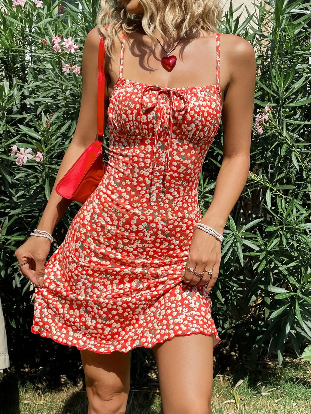 Chic Red Printed Suspender Floral Dress Perfect for Summer Day Outings