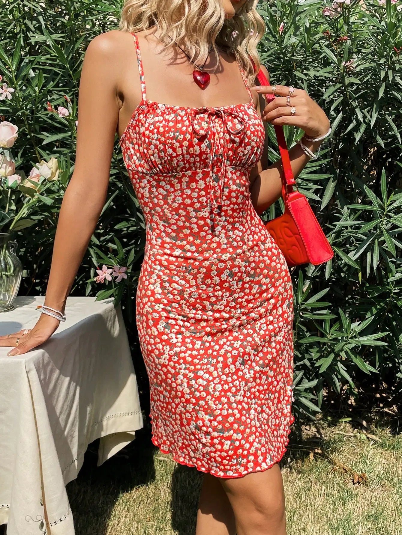 Chic Red Printed Suspender Floral Dress Perfect for Summer Day Outings