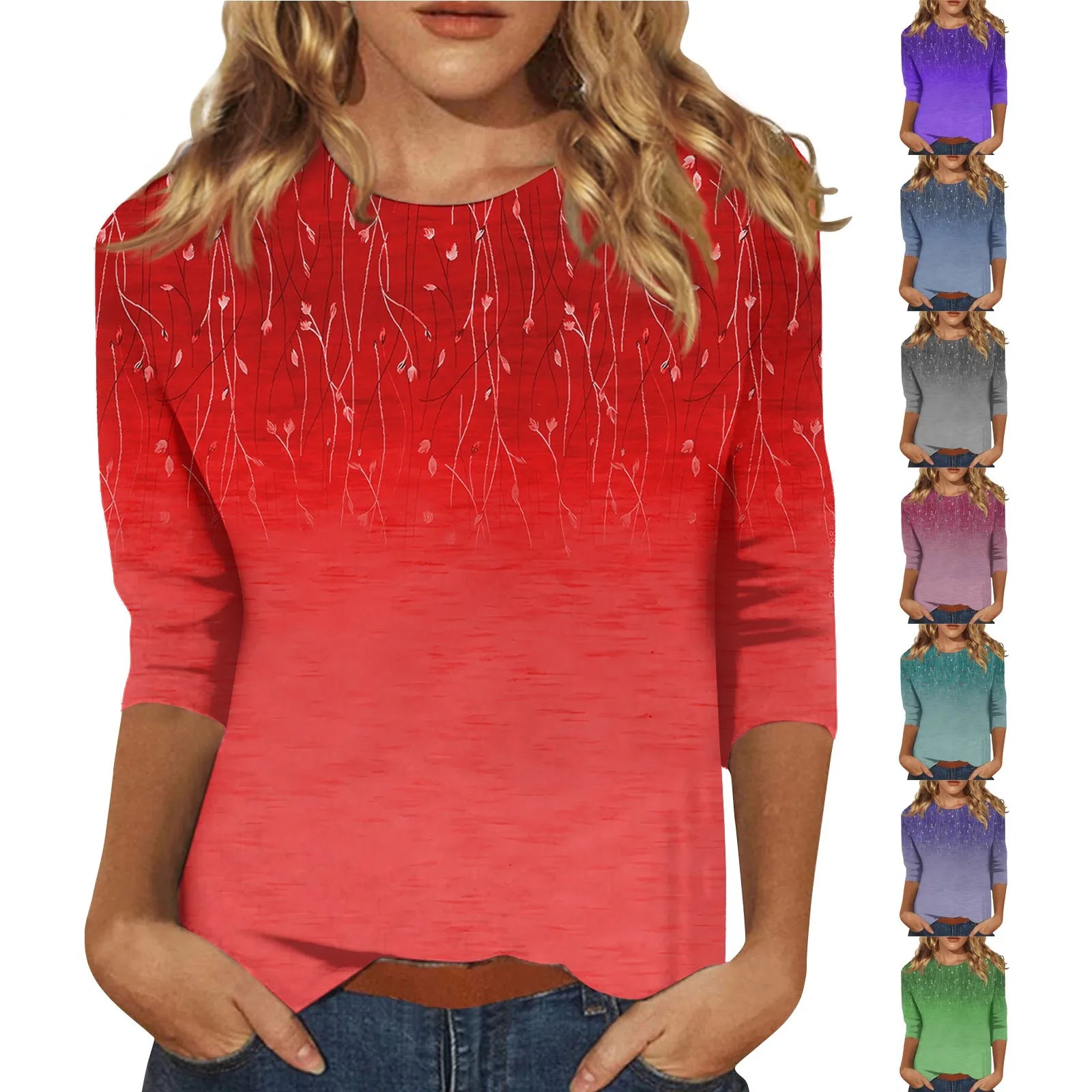 Women's Summer O Neck 3/4 Sleeve Vintage Floral Printed Loose Tunic Top Casual Party Holiday Blouse