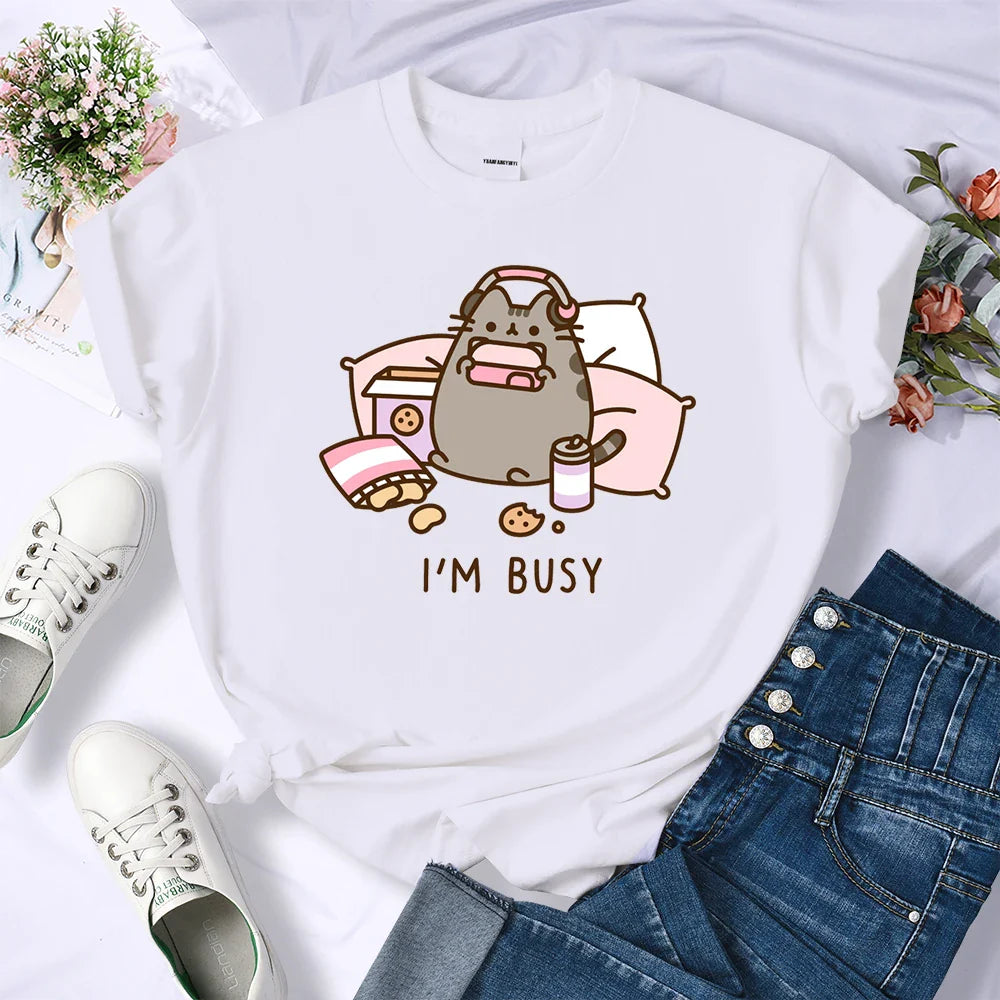Sorry I'm Busy Cat Playing Games With Headphones Oversized Summer T-Shirt for Women Casual Streetwear Soft Cotton Tee
