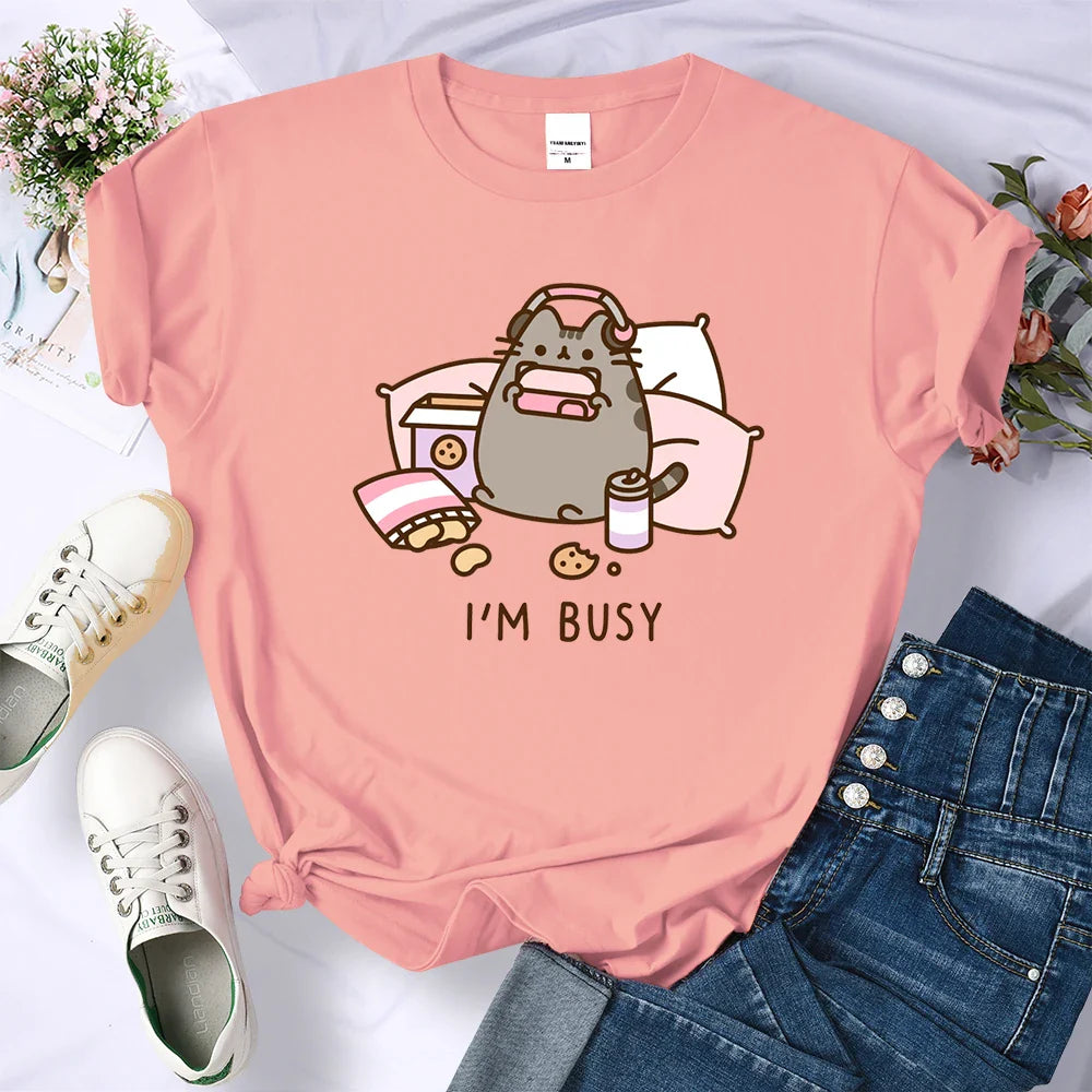 Sorry I'm Busy Cat Playing Games With Headphones Oversized Summer T-Shirt for Women Casual Streetwear Soft Cotton Tee