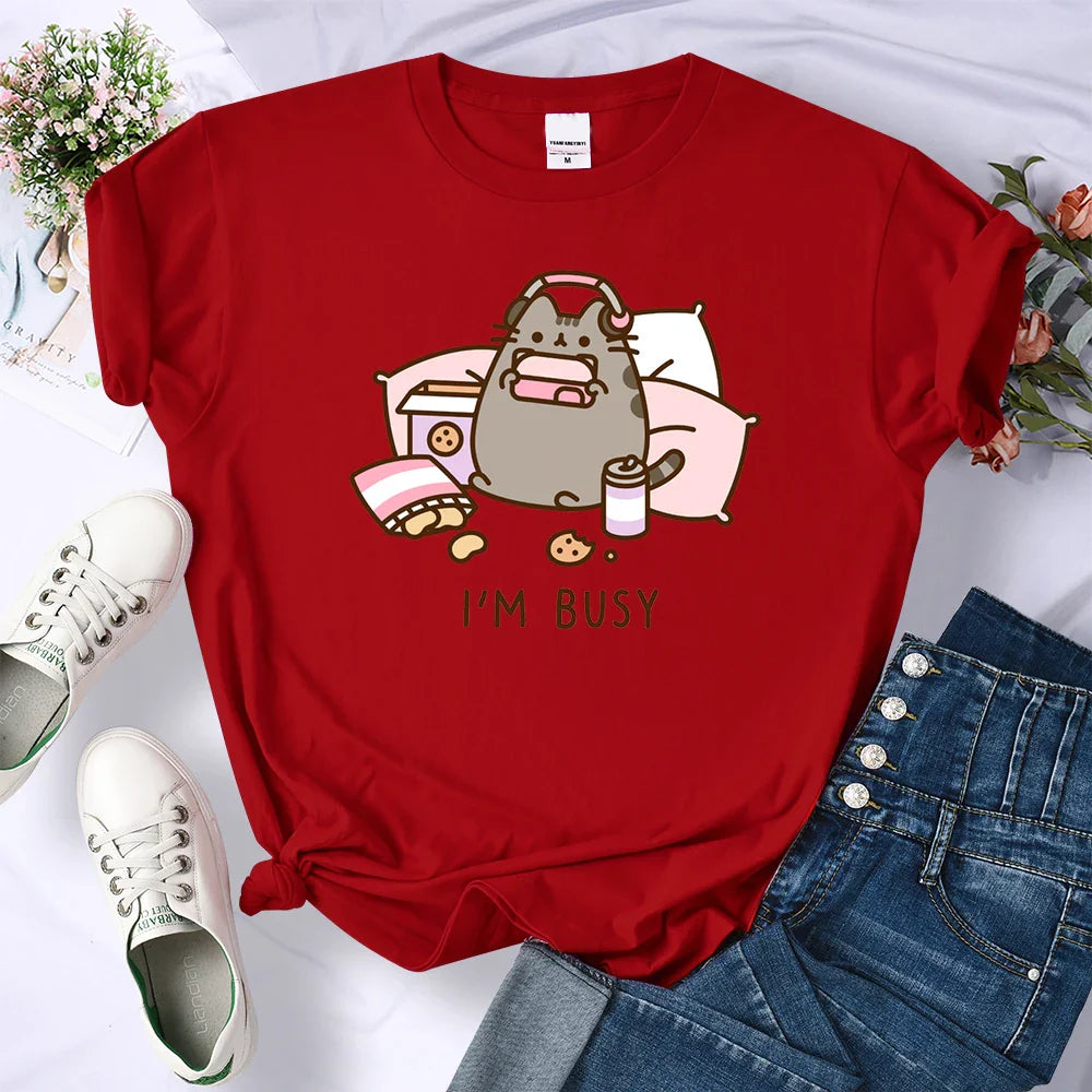Sorry I'm Busy Cat Playing Games With Headphones Oversized Summer T-Shirt for Women Casual Streetwear Soft Cotton Tee