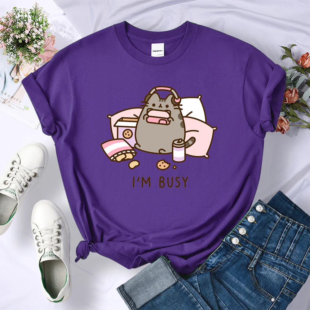 Sorry I'm Busy Cat Playing Games With Headphones Oversized Summer T-Shirt for Women Casual Streetwear Soft Cotton Tee