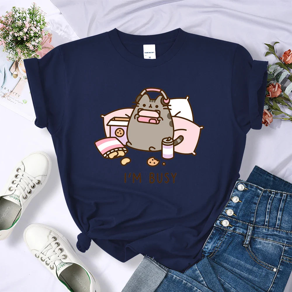 Sorry I'm Busy Cat Playing Games With Headphones Oversized Summer T-Shirt for Women Casual Streetwear Soft Cotton Tee