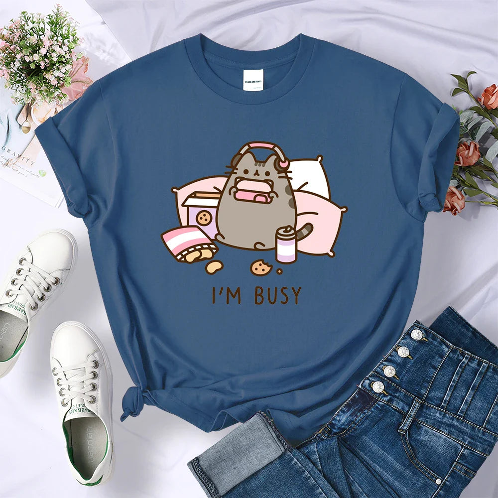 Sorry I'm Busy Cat Playing Games With Headphones Oversized Summer T-Shirt for Women Casual Streetwear Soft Cotton Tee